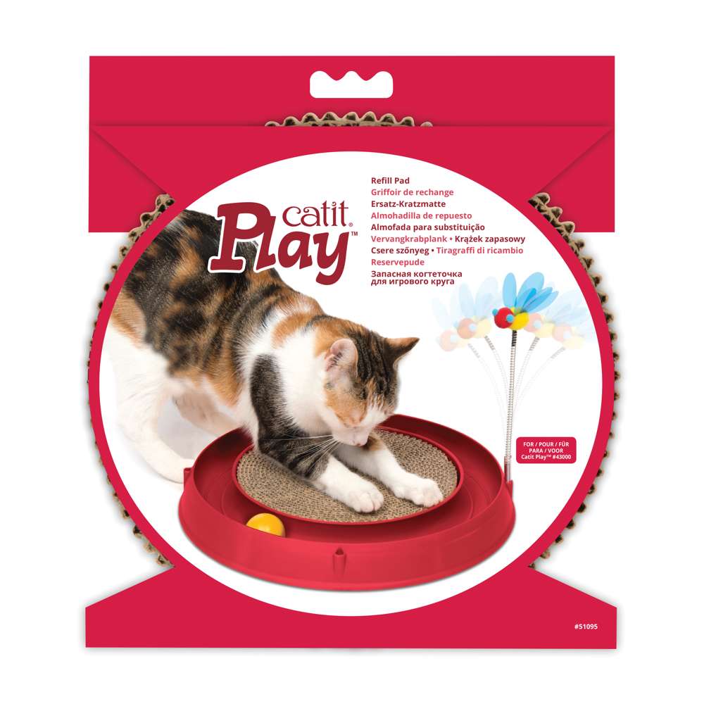 Verpackung von der Catit Play Kratzmatte für Ballspielzeug mit Kratzbrett.