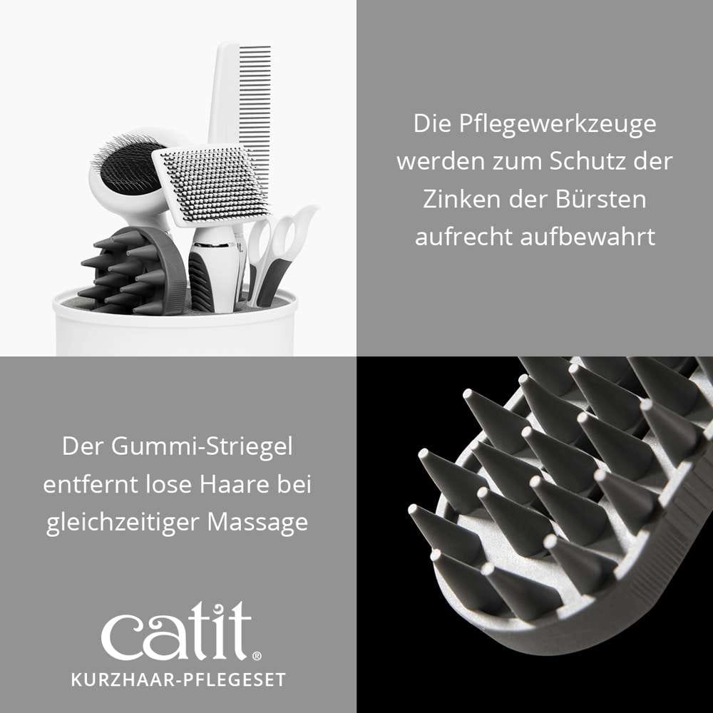 Die Pflegewerkzeuge werden zum Schutz der Zinken der Bürsten aufrecht aufbewahrt. Der Gummi-Striegel entfernt lose Haare bei gleichzeitiger Massage.