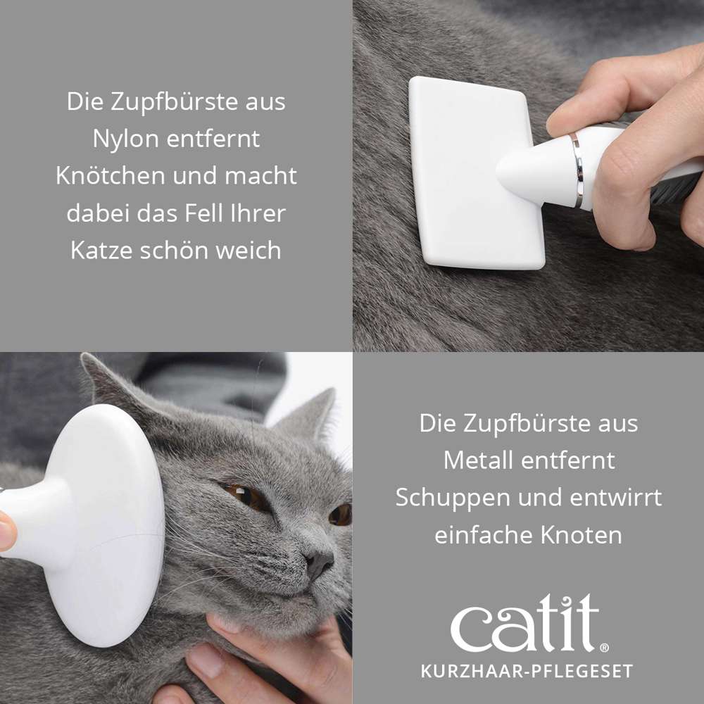 Die Zupfbürste aus Nylon entfernt Knötchen und macht dabei das Fell ihrer Katze schön weich. Die Zupfbürste aus Metall entfernt Schuppen und entwirrt einfache Knoten.