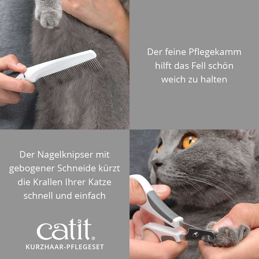 Der feine Pflegekamm hilft das Fell schön weich zu halten. Der Nagelknipser mit gebogener Schneide kürzt die Krallen Ihrer Katze schnell und einfach.