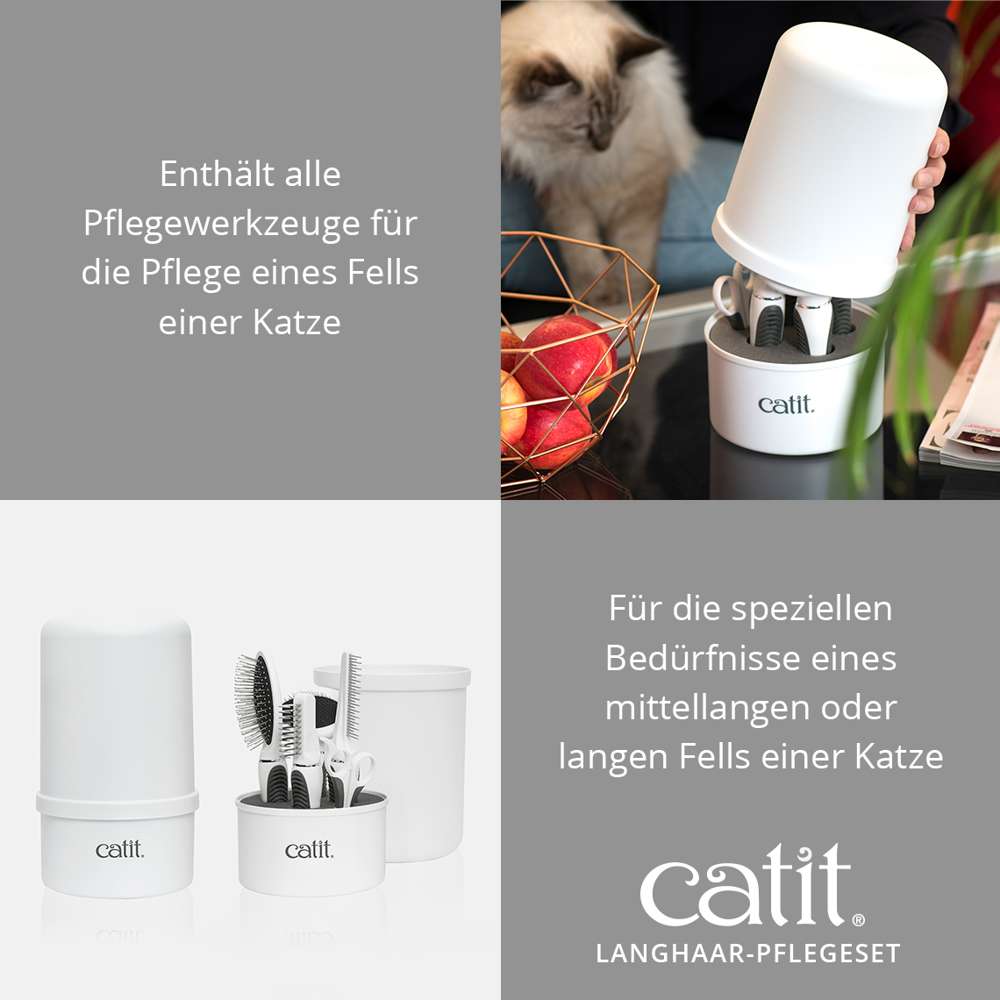 Enthält alle Pflegewerkzeuge für die Pflege eines mittellangen oder langen Katzenfells.