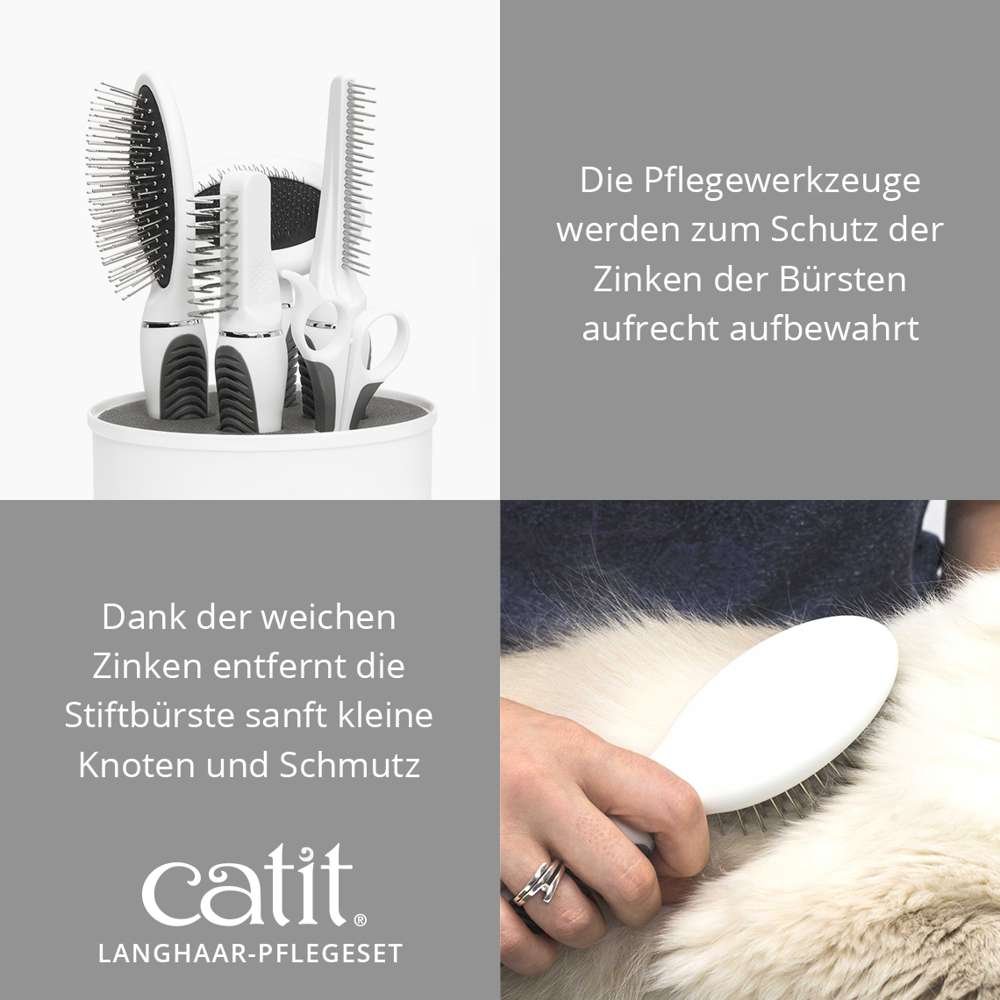 Die Pflegewerkzeuge werden zum Schutz der Zinken der Borsten aufrecht aufbewahrt. Dank der weichen Zinken entfernt die Stiftbürste sanft kleine Knoten und Schmutz.
