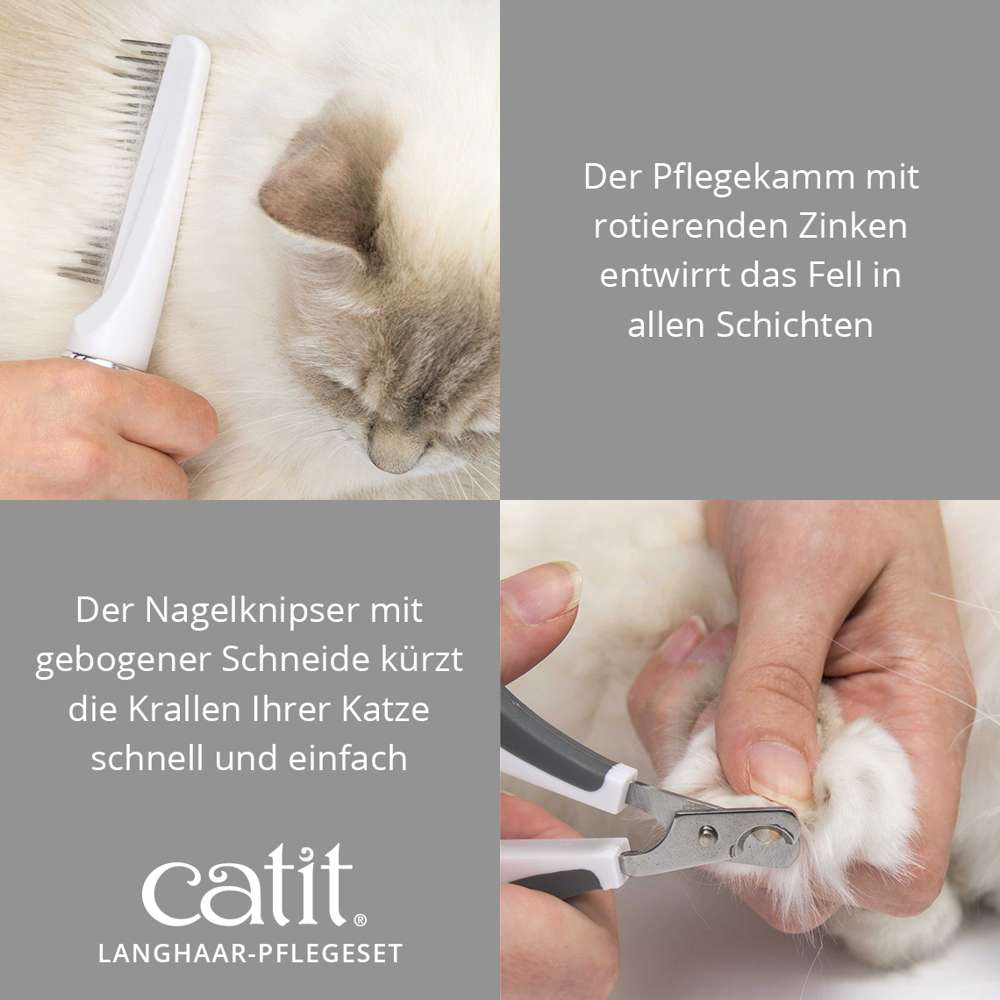 Der Pflegekamm mit rotierenden Zinken entwirrt das Fell in allen Schichten. Der Nagelknipser mit gebogener Schneide kürzt die Krallen.