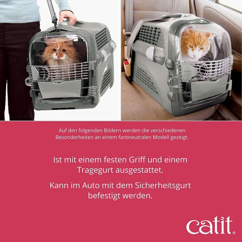 Ist mit einem festen Griff und einem Tragegurt ausgestattet. Kann im Auto mit dem Sicherheitsgurt befestigt werden. 
