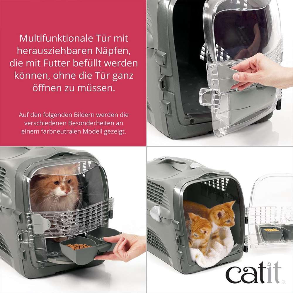 Multifunktionale Tür mit herausziehbaren Näpfen, die mit Wasser befüllt werden können ohne die Tür ganz öffnen zu müssen.