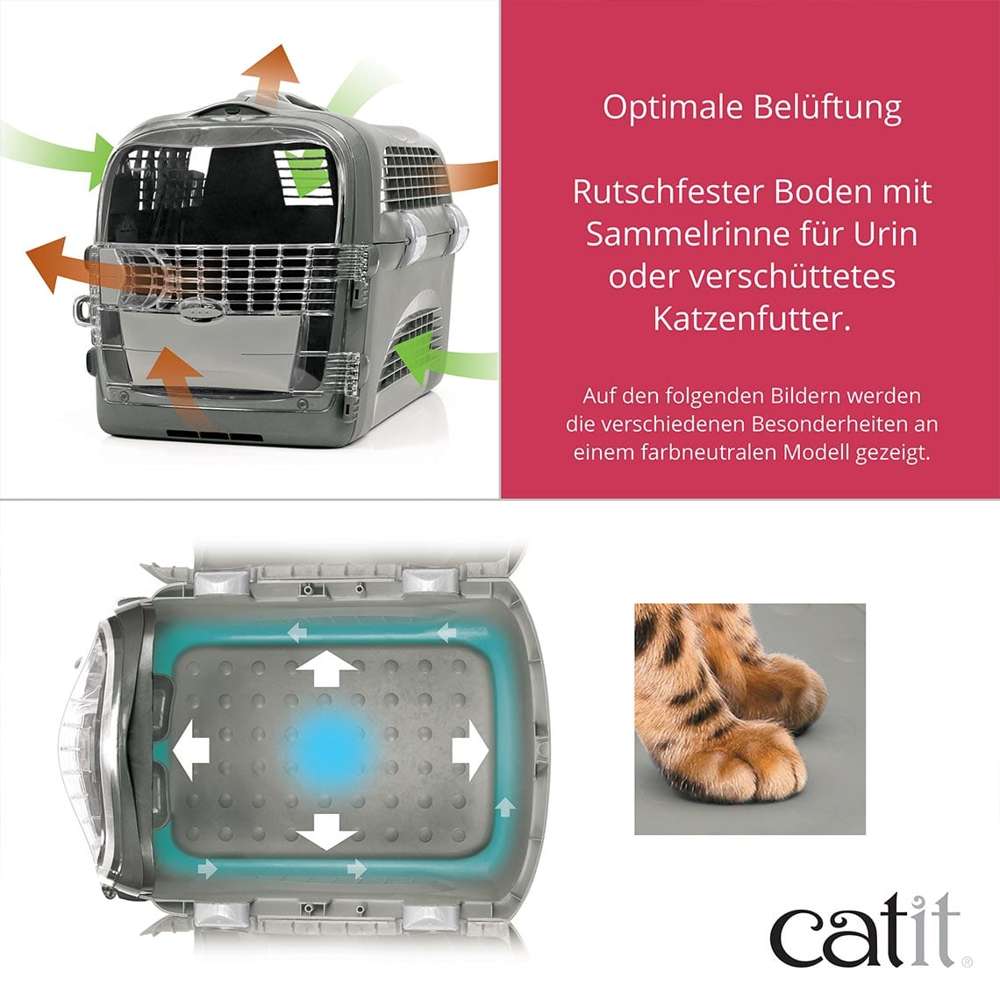 Optimale Belüftung. Rutschfester Boden mit Sammelrinne für Urin oder verschüttetes Katzenfutter.