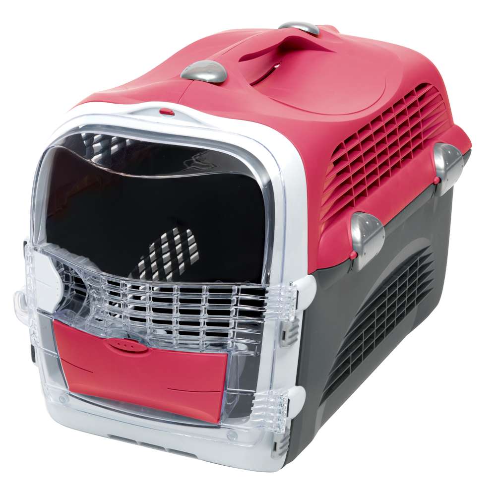 Verschlossene Catit Cabrio Transportbox, rotes Modell.