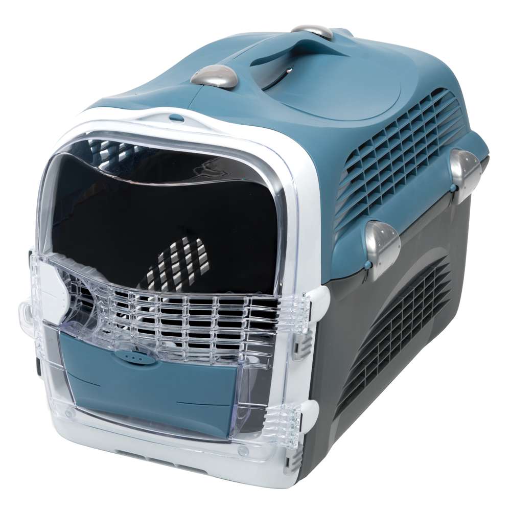 Verschlossene Catit Cabrio Transportbox, blau-graues Modell.