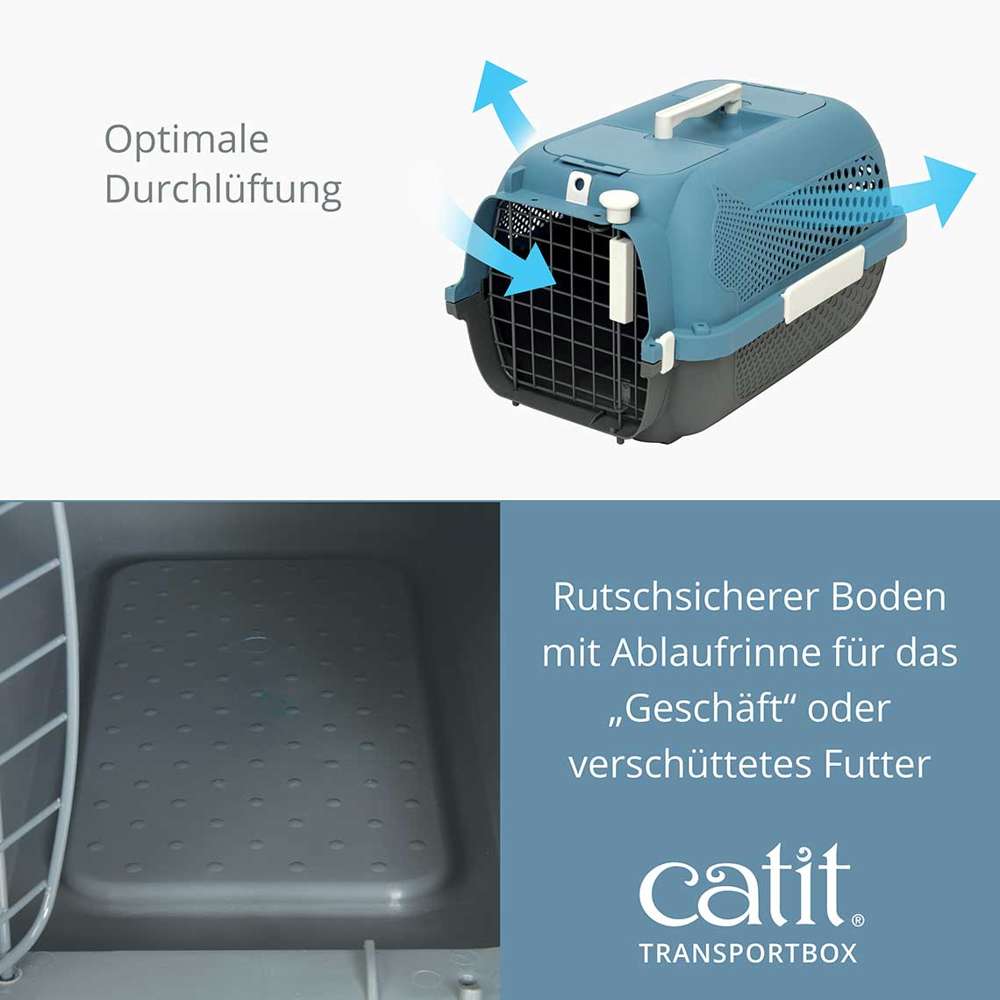 Optimale Durchlüftung, blaue Transportbox mit Luftströmen. Rutschsicherer Boden mit Ablaufrinne für das "Geschäft" oder verschüttetes Futter