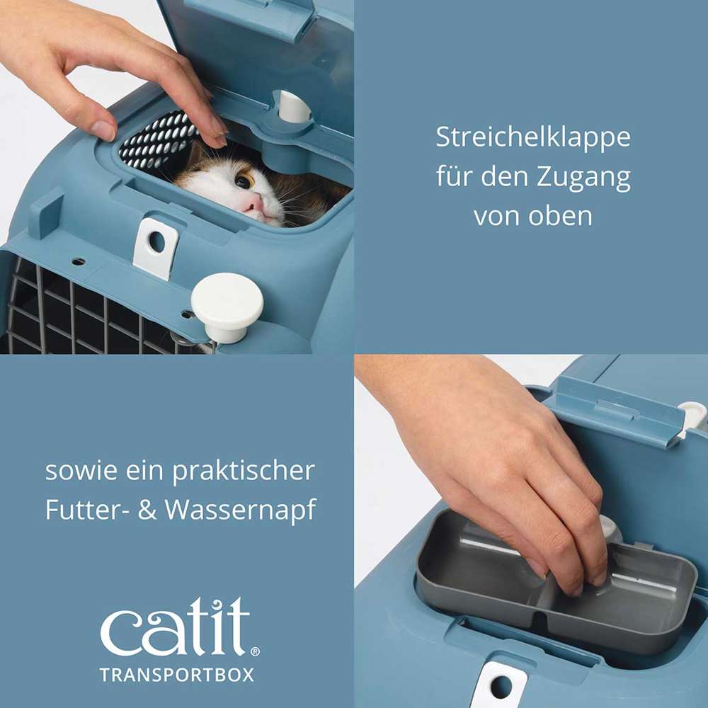 Streichelklappe für den Zugang von oben, sowie ein praktischer Futter- & Wassernapf. Hand streichelt Katze in Transportbox.
