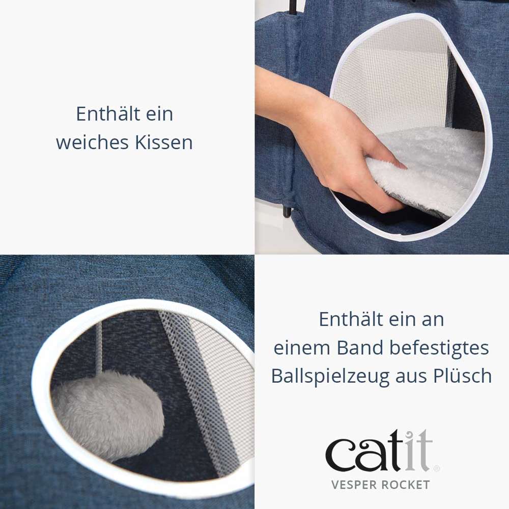 Enthält ein weiches Kissen. Enthält ein an einem Band befestigtes Ballspielzeug aus Plüsch.