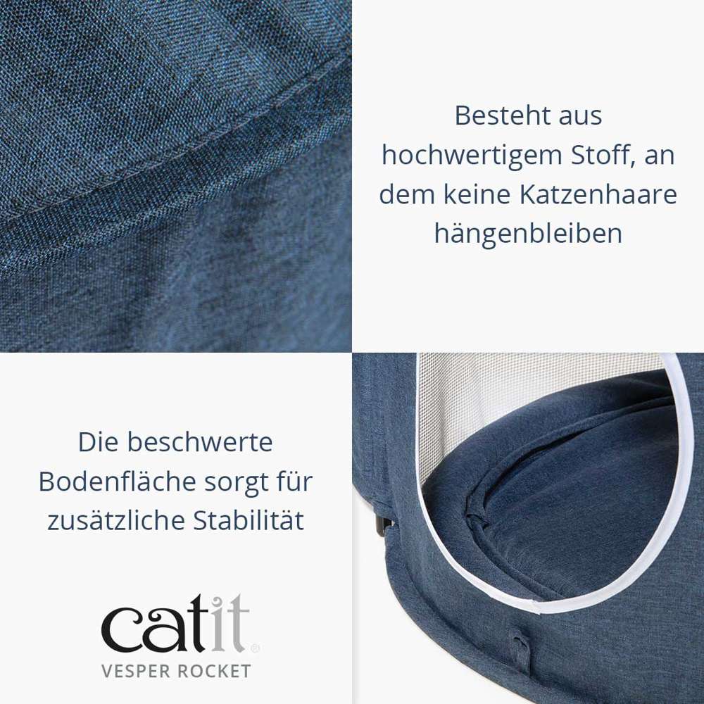 Besteht aus hochwertigem Stoff, an dem keine Katzenhaare hängenbleiben. Die beschwerte Bodenfläche sorgt für zusätzliche Stabilität. 