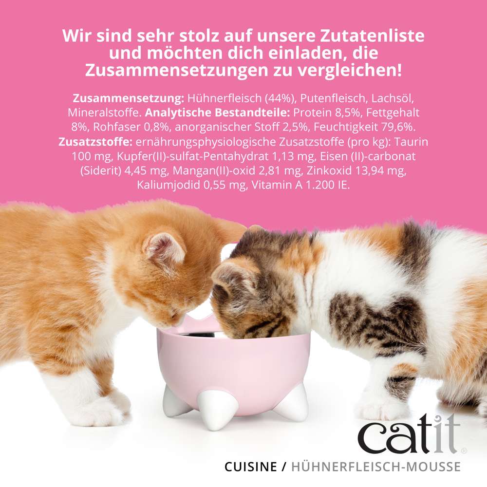 Wir sind sehr stolz auf unsere Zutatenliste und möchten dich einladen, die Zusammensetzung zu vergleichen! Mit Kätzchen beim Fressen.