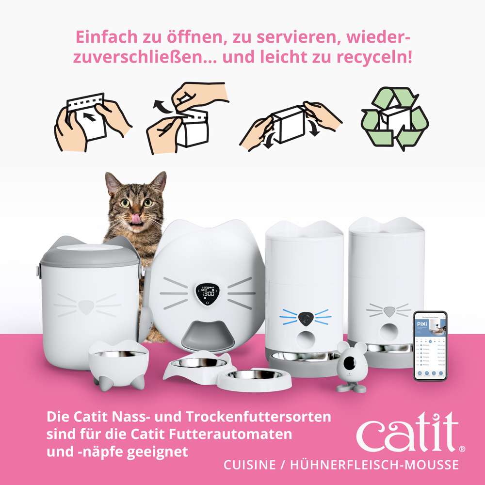 Einfach zu öffnen, zu servieren, wiederzuverschließen... und leicht zu recyceln! Die Catit Nass- und Trockenfuttersorten sind für die Catit Futterautomaten und -näpfe geeignet.