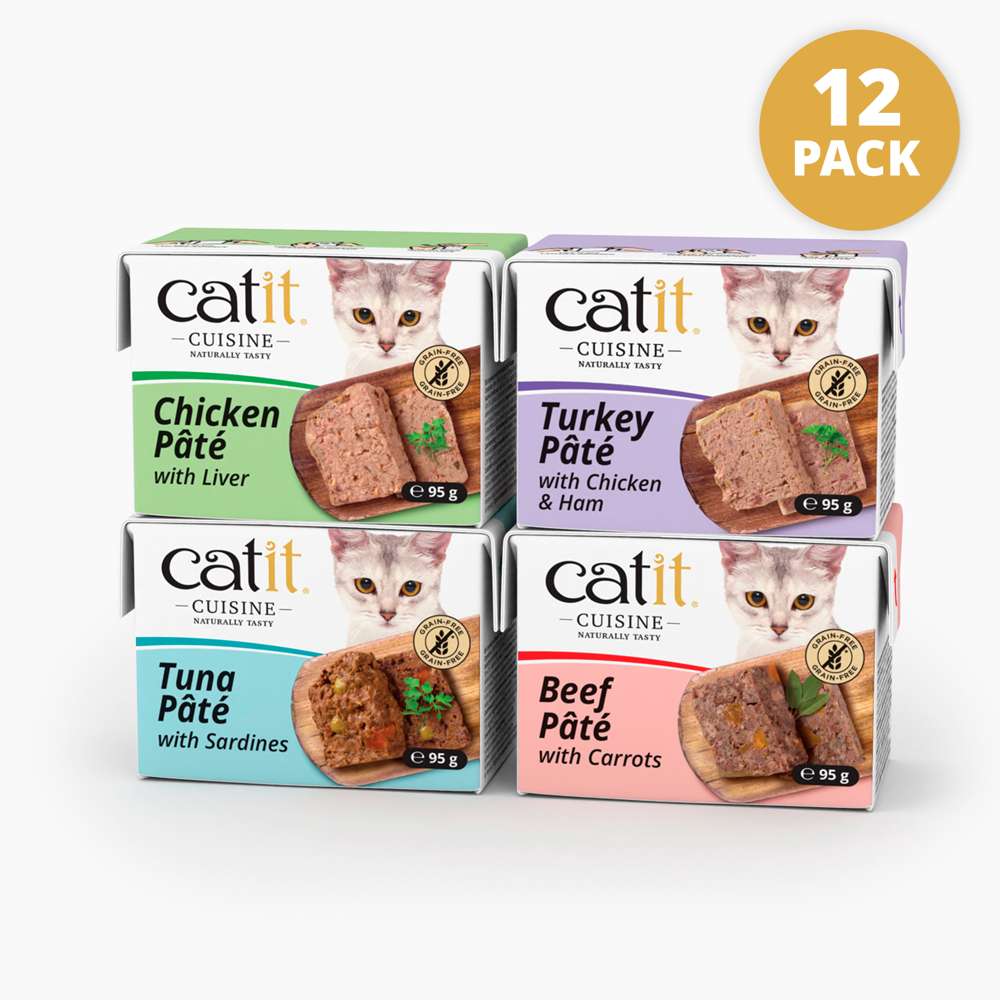 Verpackungen des Katzenfutters "Catit Cuisine Pastete".