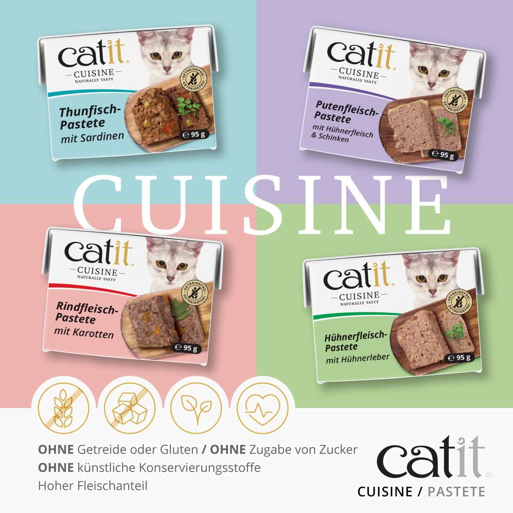 Ohne Getreide oder Gluten. Ohne Zugabe von Zucker. Ohne künstliche Konservierungsstoffe. Hoher Fleischanteil.