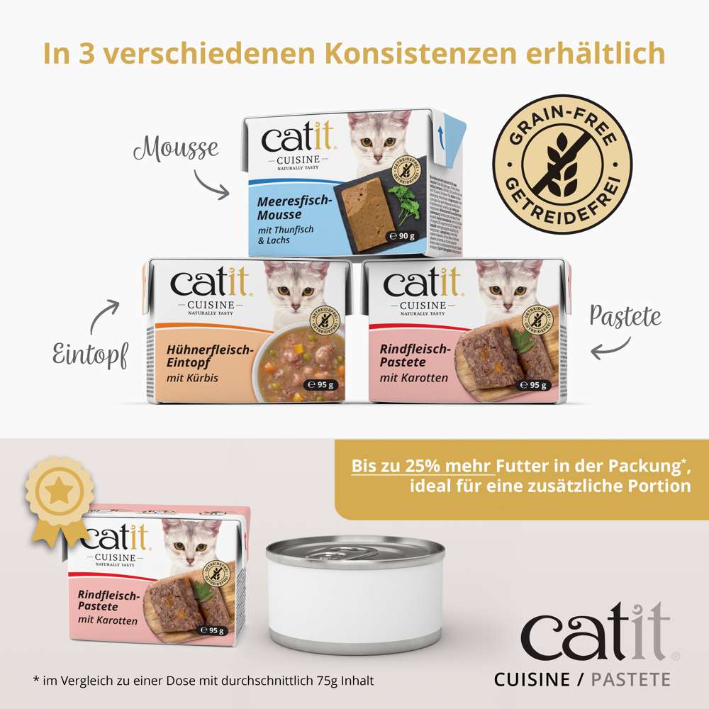 In 3 verschiedenen Konsistenzen erhältlich Mousse, Eintopf, Paste, bis zu 25 % mehr Futter in der Packung*, im Vergleich zu einer Dose mit durchschnittlich 75g Inhalt.