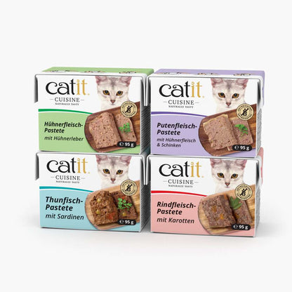 Die vier Geschmackssorten von "Catit Cuisine Pastete" stehen nebeneinander.