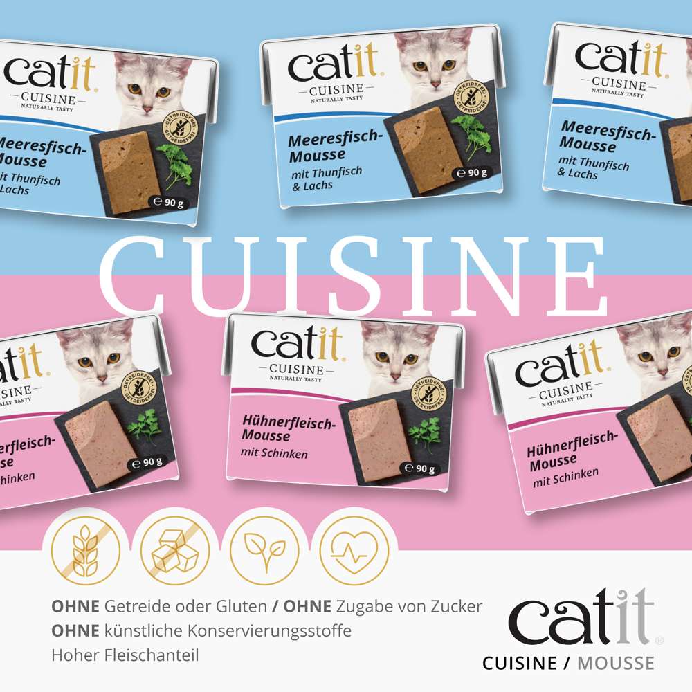 Ohne Getreide oder Gluten. Ohne Zugabe von Zucker. Ohne künstliche Konservierungsstoffe. Hoher Fleischanteil.