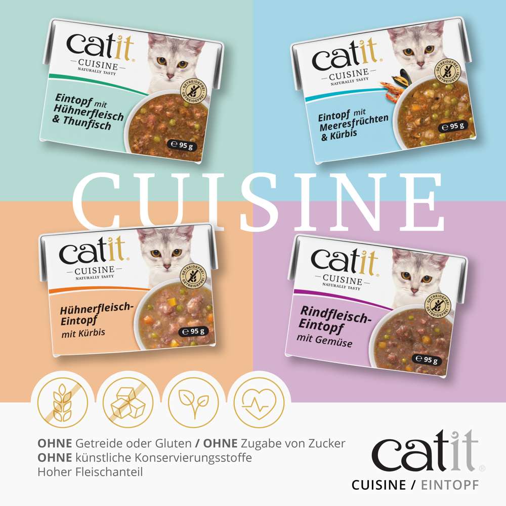 Ohne Getreide oder Gluten. Ohne Zugabe von Zucker. Ohne künstliche Konservierungsstoffe. Hoher Fleischanteil.