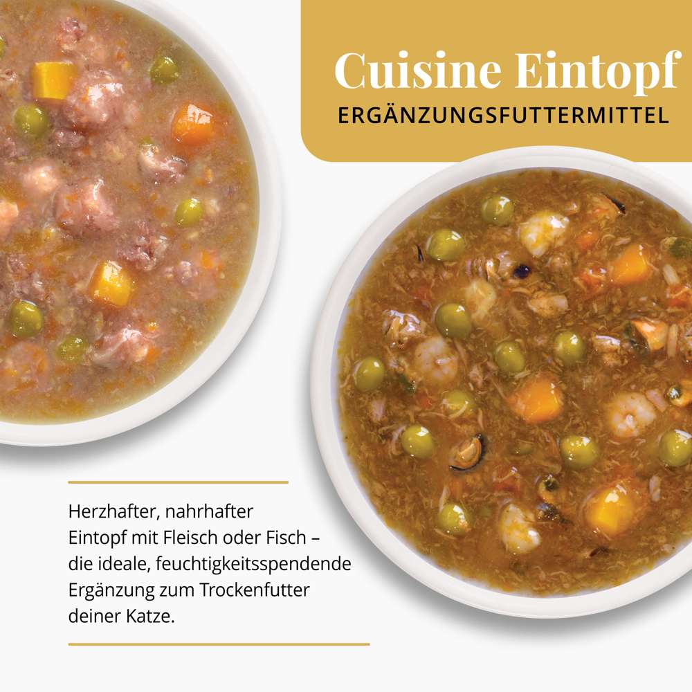 Cuisine Eintopf Ergänzungsfuttermittel Herzhafter, nahrhafter Eintopf mit Fleisch oder Fisch - die ideale, feuchtigkeitsspendende Ergänzung zum Trockenfutter deiner Katze.