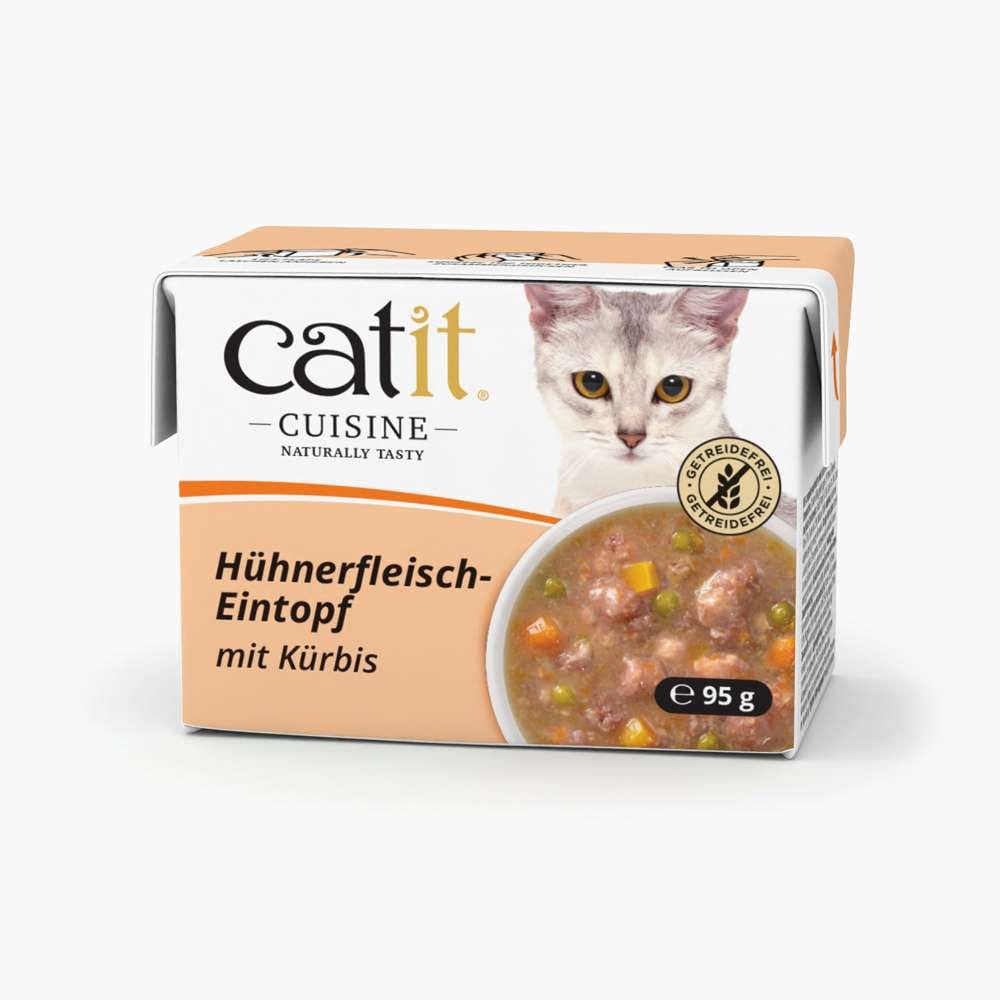 Verpackung von "Catit Cuisine Eintopf, 95 g", Geschmackssorte: "Hühnerfleisch mit Kürbis"