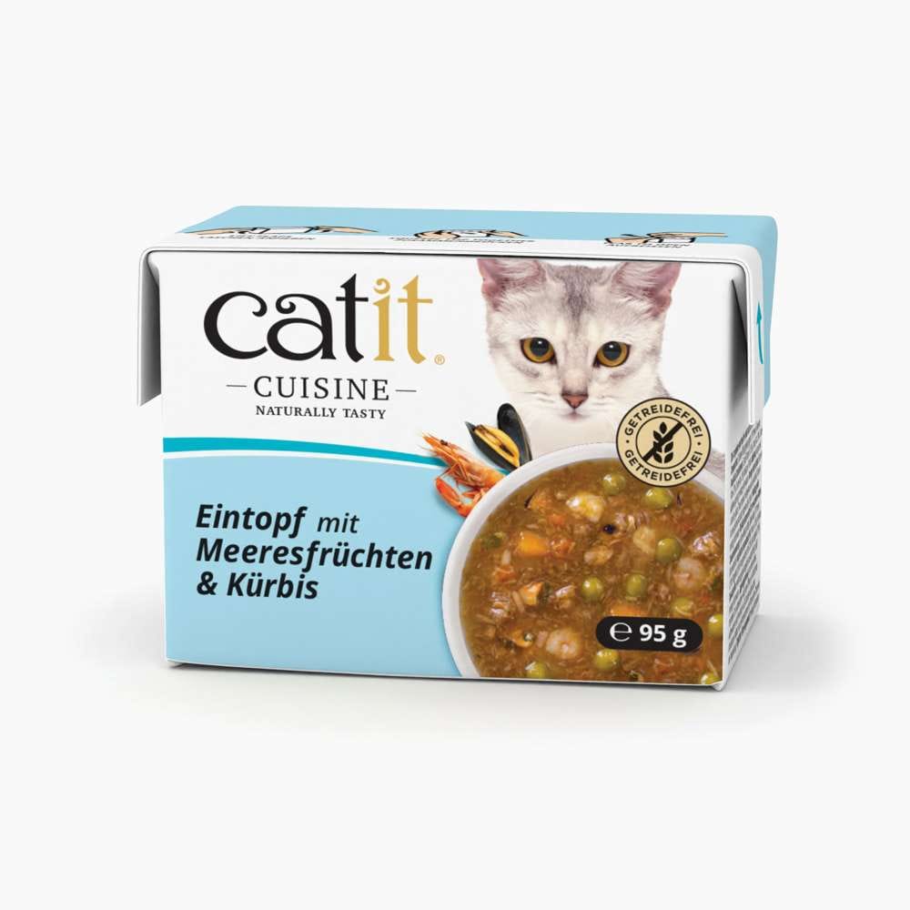 Verpackung von "Catit Cuisine Eintopf, 95 g", Geschmackssorte: "Meeresfrüchte & Kürbis"