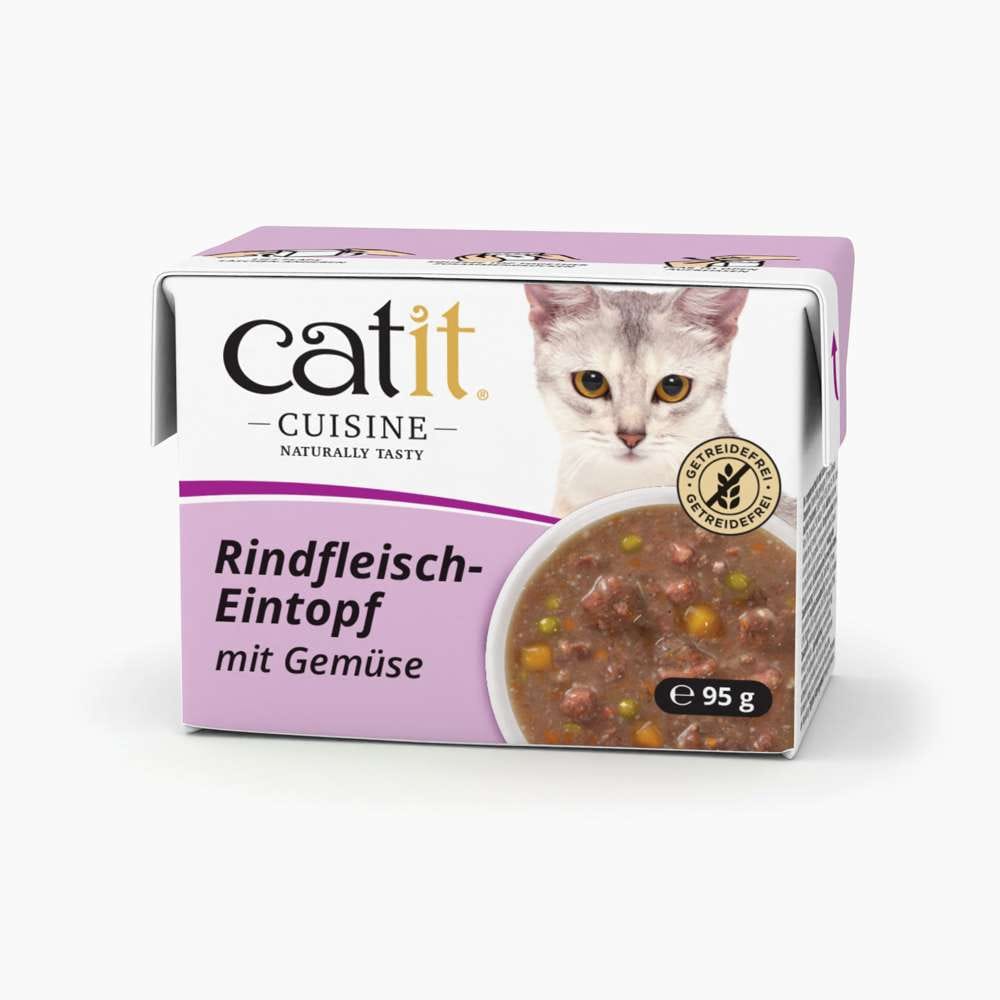 Verpackung von "Catit Cuisine Eintopf, 95 g", Geschmackssorte: "Rindfleisch mit Gemüse"