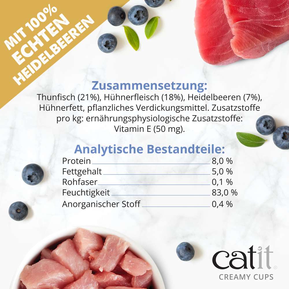 Zusammensetzung und analytischen Bestandteile von "Catit Creamy Cups" der Sorte "Thunfisch, Huhn & Heidelbeeren".