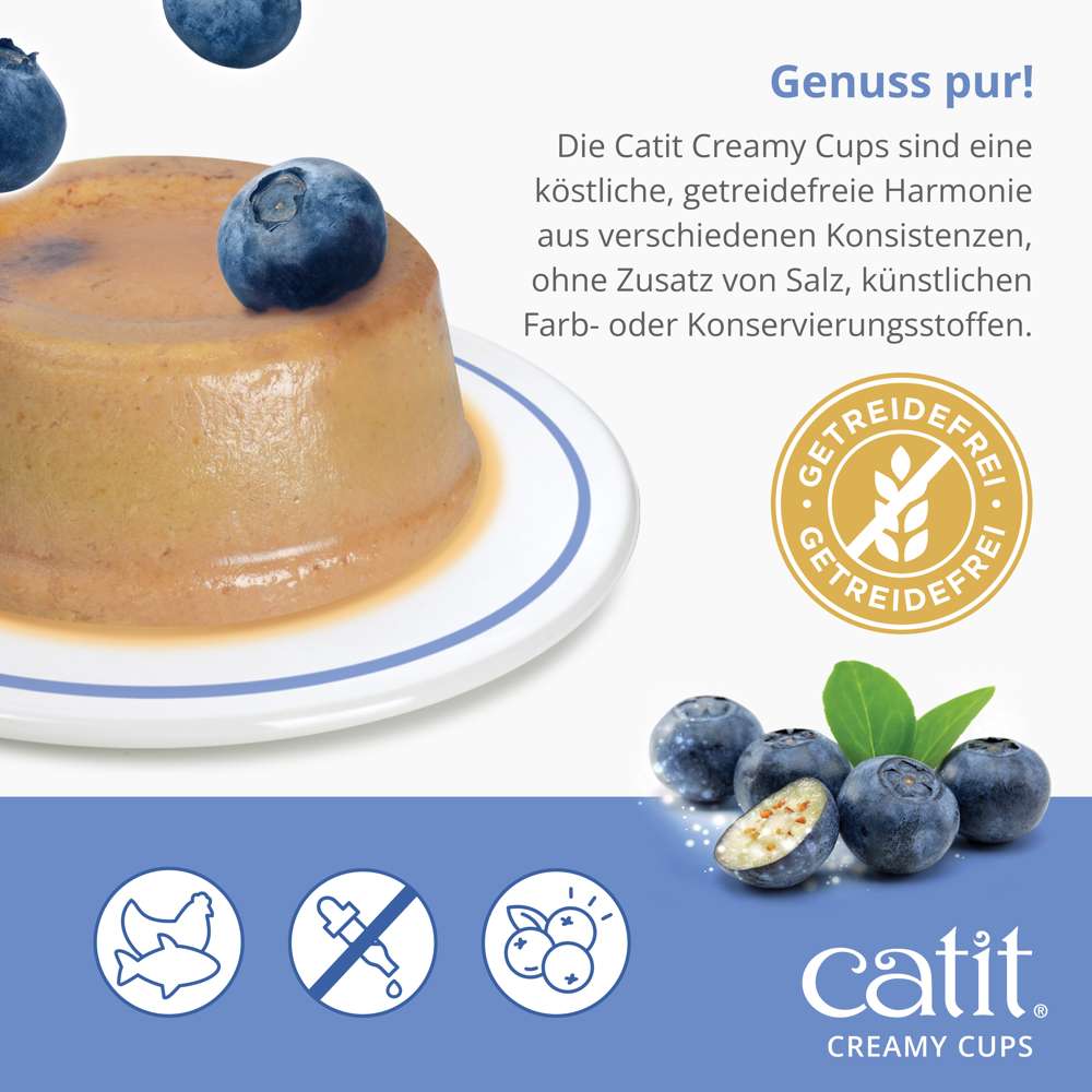 Die Catit Creamy Cups sind eine köstliche, getreidefreie Harmonie aus verschiedenen Konsistenzen, ohne Zusatz von Salz, künstlichen Farb- oder Konservierungsstoffen.