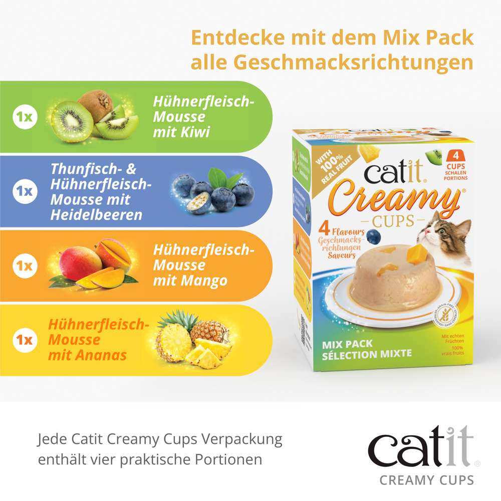 Entdecke mit dem Mix-Pack alle Geschmacksrichtungen. Jede Catit Creamy Cups Verpackung enthält vier praktische Portionen.