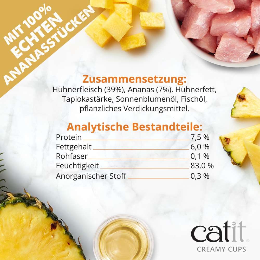 Zusammensetzung und analytische Bestandteile von "Catit Creamy Cups" der Sorte "Huhn & Ananas".