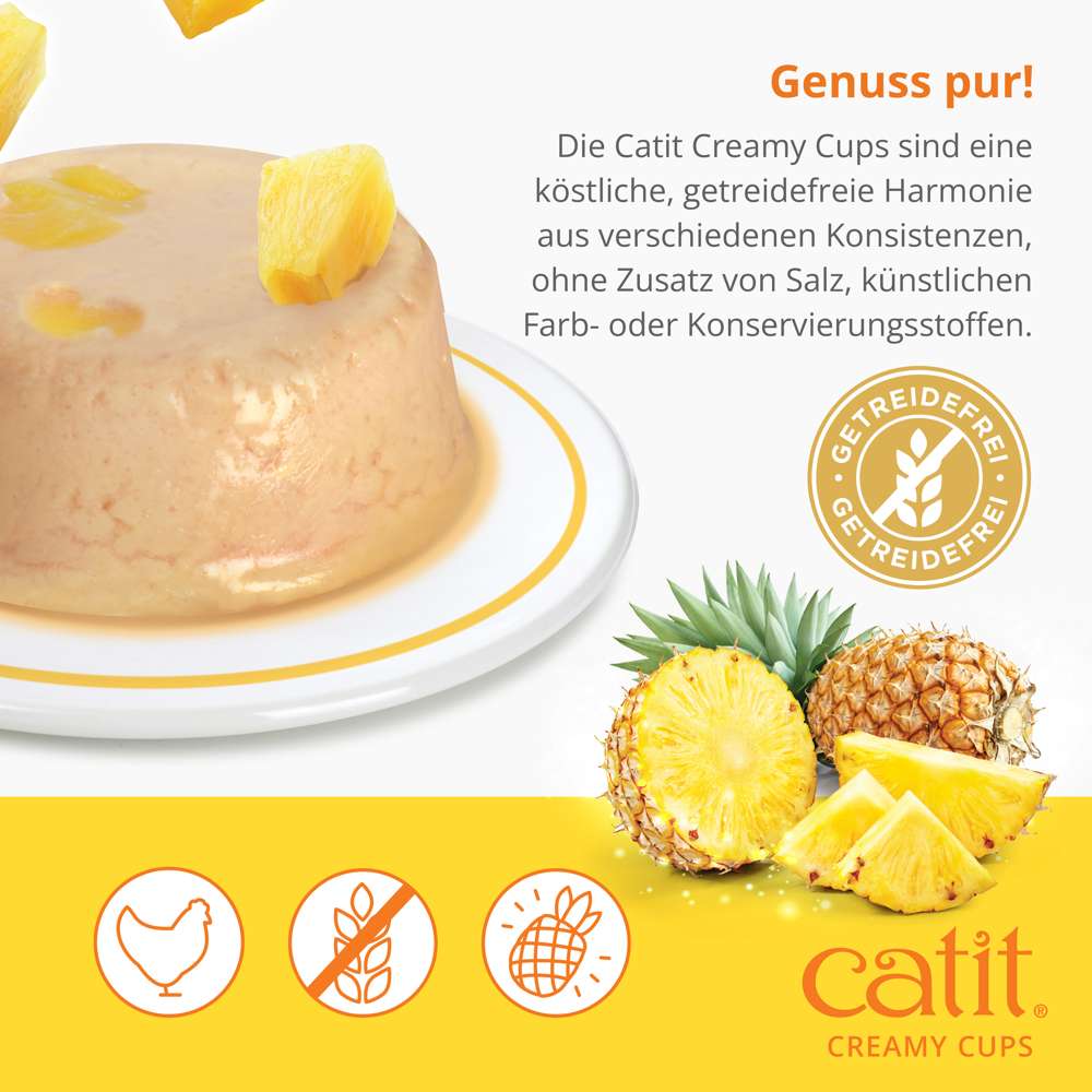 Die Catit Creamy Cups sind eine köstliche, getreidefreie Harmonie aus verschiedenen Konsistenzen, ohne Zusatz von Salz, künstlichen Farb- oder Konservierungsstoffen.