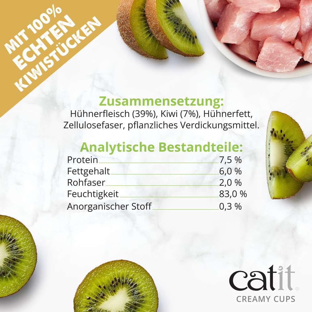 Zusammensetzung und analytische Bestandteile von "Catit Creamy Cups" der Sorte "Huhn & Kiwi".