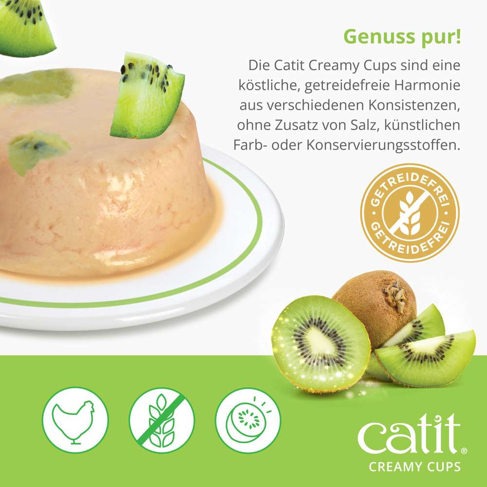 Die Catit Creamy Cups sind eine köstliche, getreidefreie Harmonie aus verschiedenen Konsistenzen, ohne Zusatz von Salz, künstlichen Farb- oder Konservierungsstoffen.