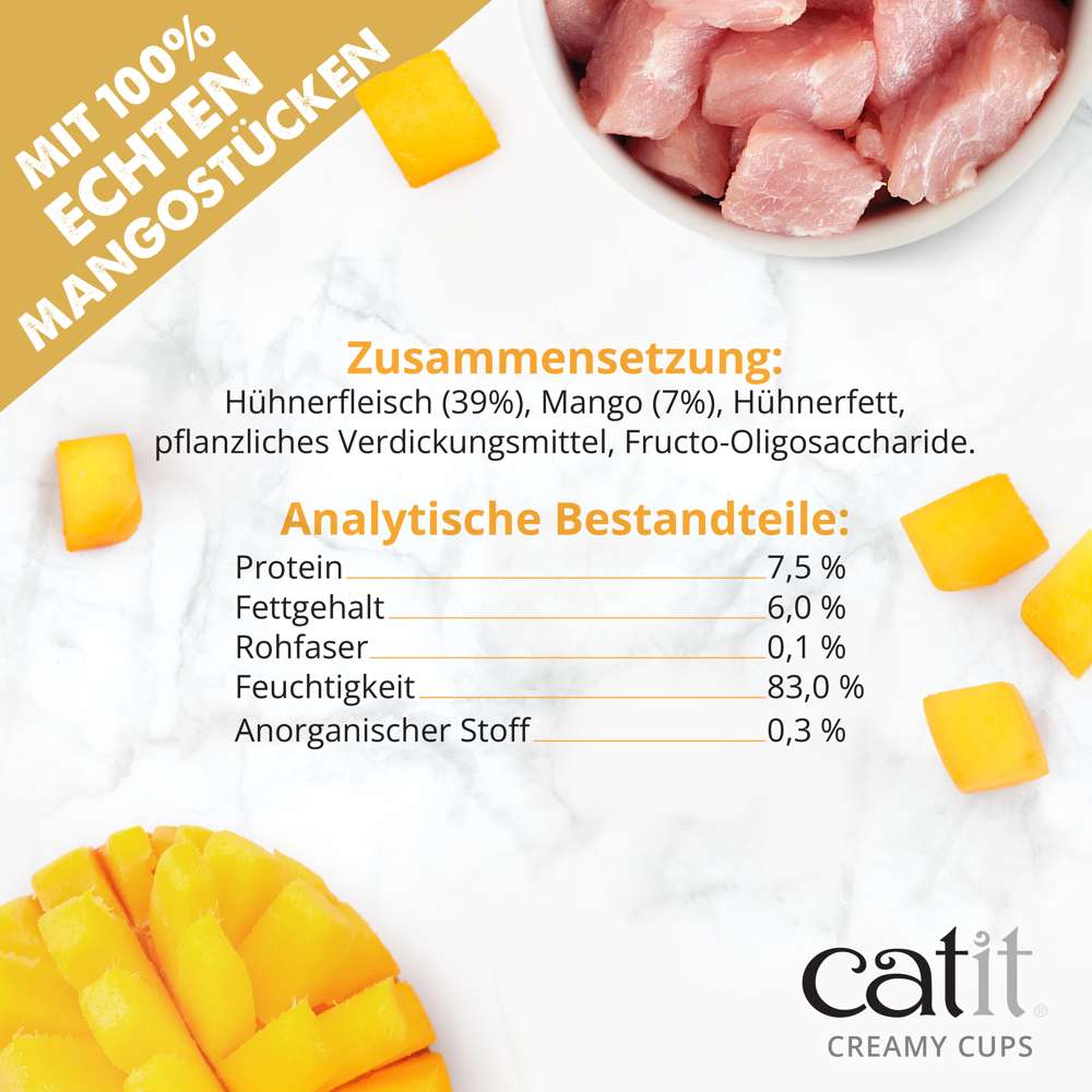 Zusammensetzung und analytische Bestandteile von "Catit Creamy Cups" der Sorte "Huhn & Mango".