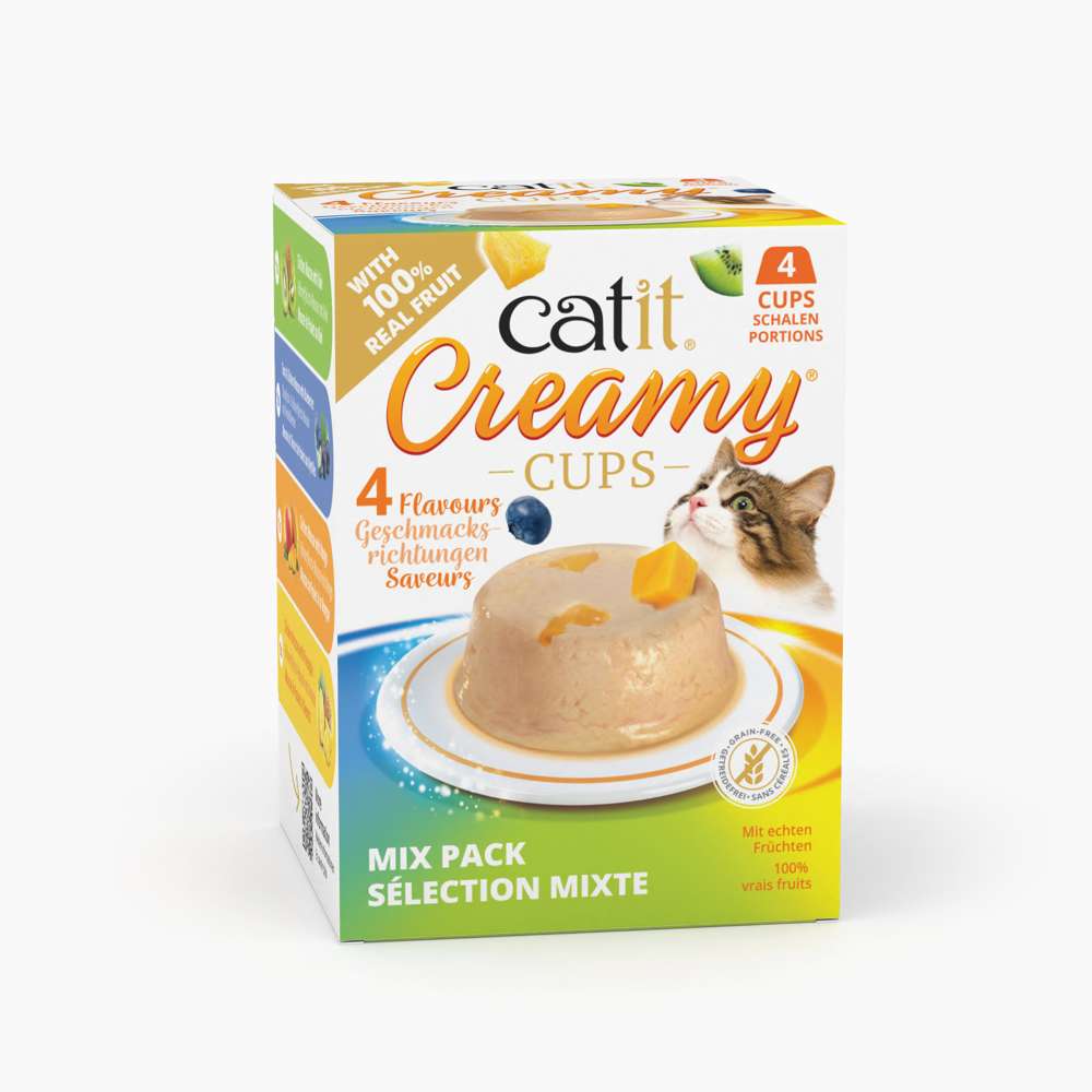 Verpackung und das ausgepackte Futter von "Catit Creamy Cups" der Sorte "Mix Pack".