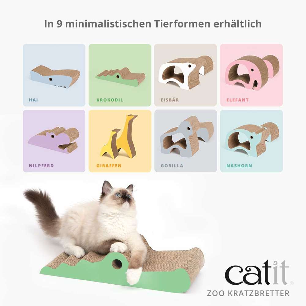 Eine Katze liegt auf dem Kratzbrett Krokodil.