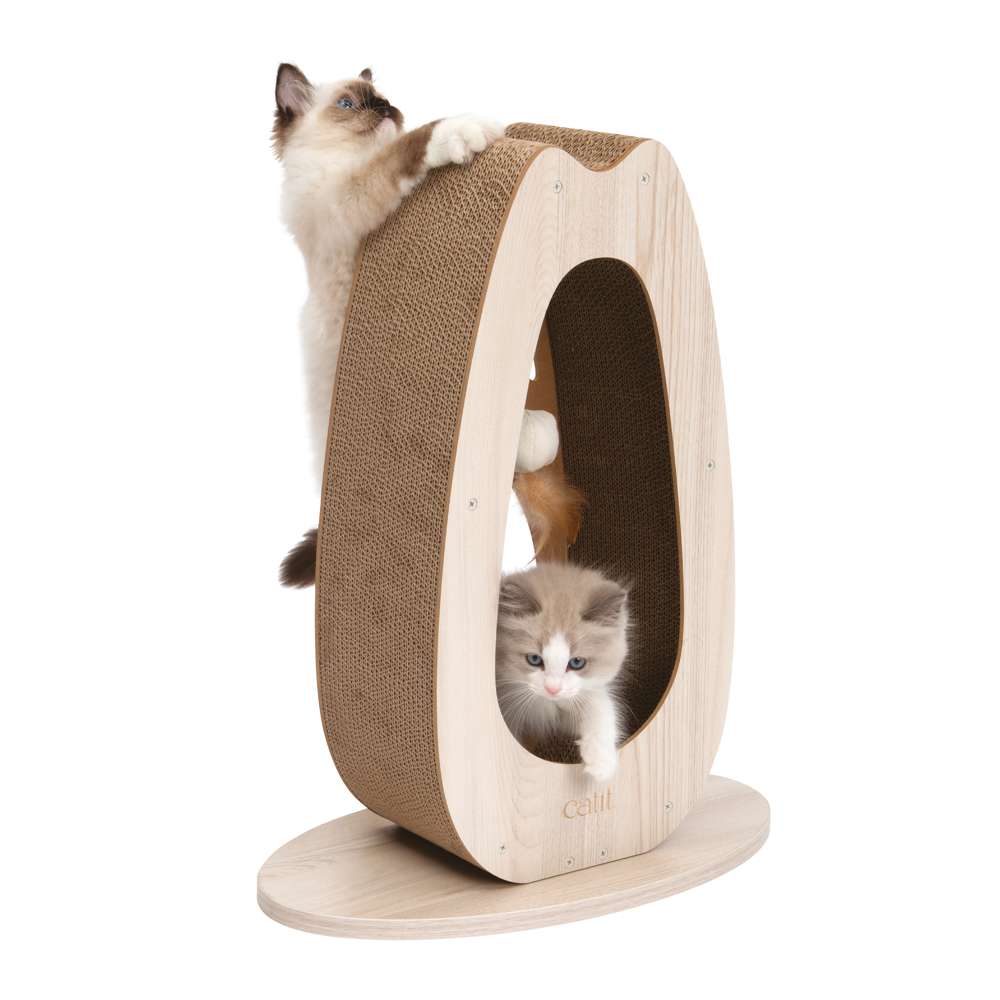 Katzen spielen mit der hohen Kratzskulptur