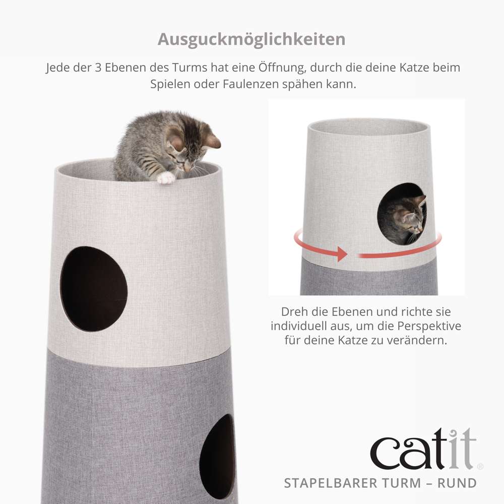 Jede der 3 Ebenen des Turms hat eine Öffnung, durch die deine Katze beim Spielen spähen kann. Dreh die Ebenen und richte sie individuell aus, um die Perspektive für deine Katze zu ändern.