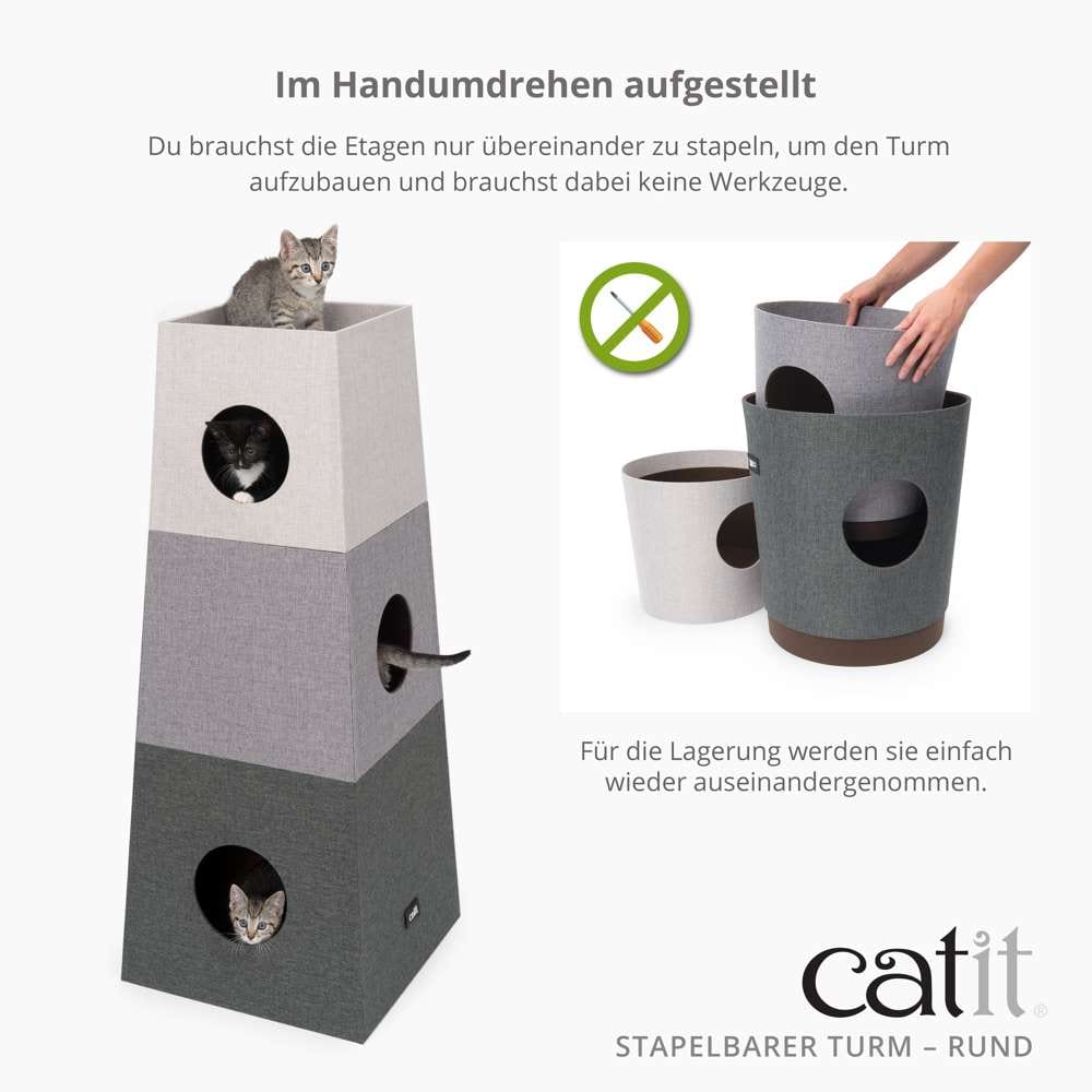 Du brauchst die Etagen nur übereinanderzustapeln, um den Turm aufzubauen und brauchst dabei keine Werkzeuge. Für die Lagerung werden sie einfach wieder auseinandergenommen.