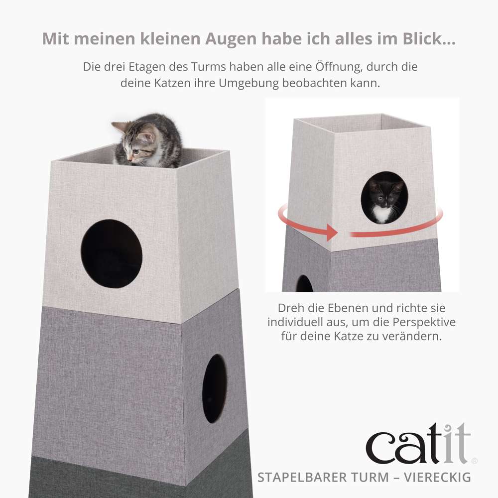 Die drei Etagen des Turms haben alle eine Öffnung, durch die die Katze ihre Umgebung beobachten kann. Dreh die Ebenen und richte sie individuell aus, um die Perspektive für deine Katze zu verändern. 