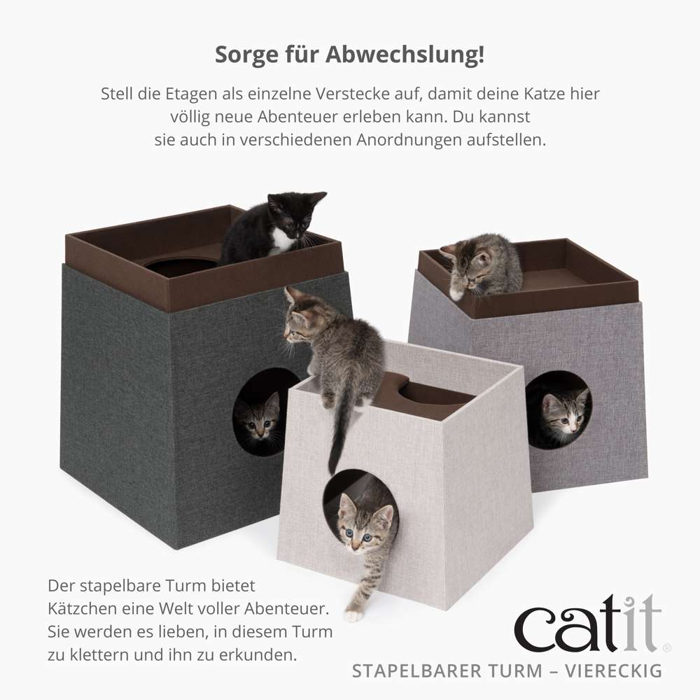 Stell die Etagen als einzelne Verstecke auf, damit deine Katze hier völlig neue Abenteuer erleben kann. Du kannst sie auch in verschiedene Anordnungen aufstellen. 
