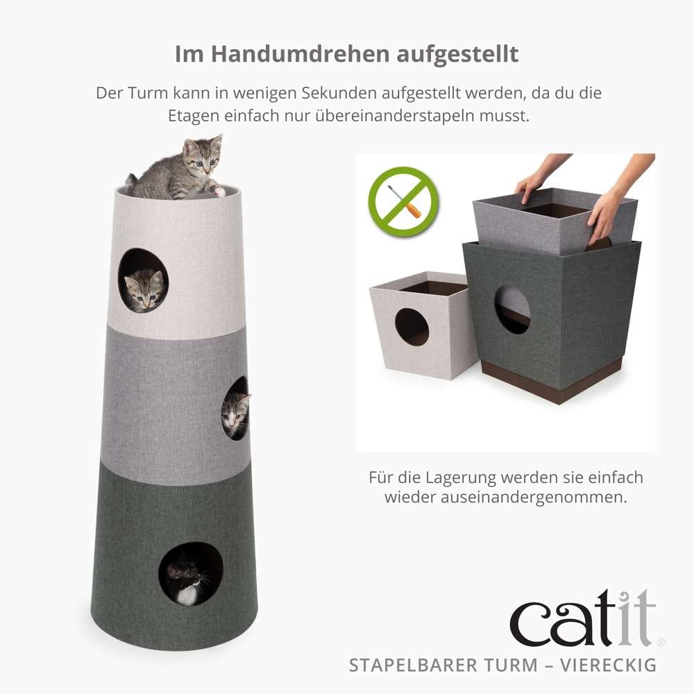 Der Turm kann in wenigen Sekunden aufgestellt werden, da du die Etagen einfach nur übereinander stapeln musst. Für die Lagerung werden sie einfach wieder auseinander genommen. 