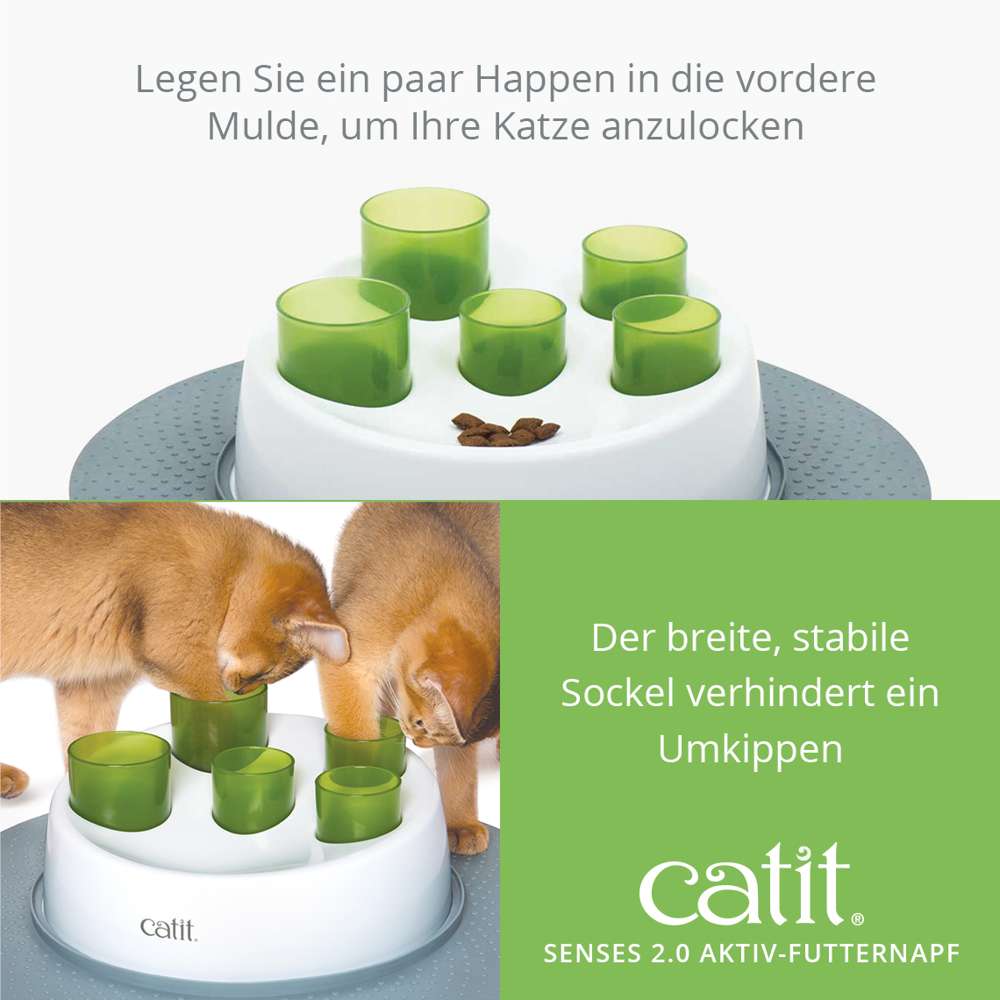 Der breite, stabile Sockel verhindert ein Umkippen. Legen Sie ein paar Happen in die vordere Mulde, um Ihre Katze anzulocken.