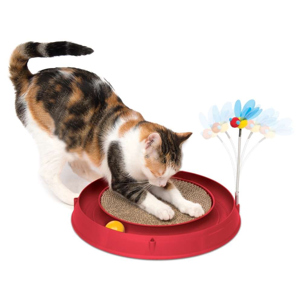 Rotes Katzenspielzeug mit Kratzbrett, Spielfeder und Spielschiene 