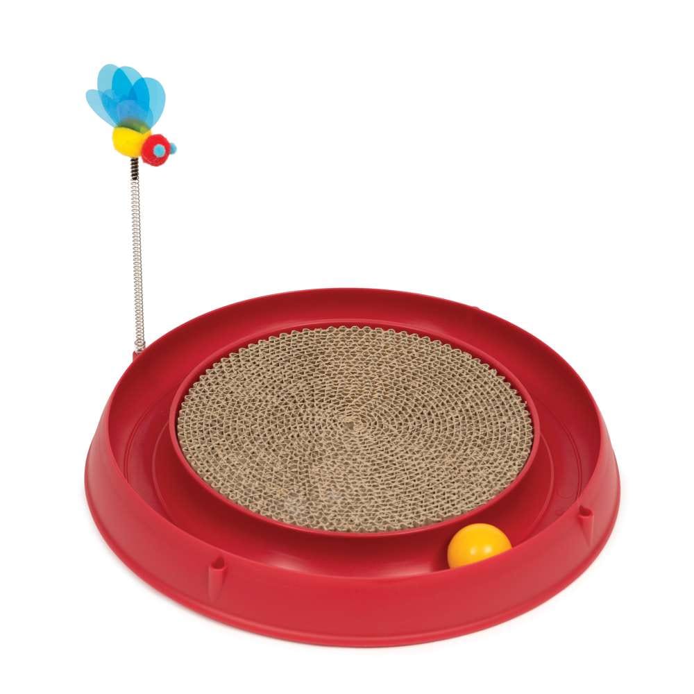 Rotes Katzenspielzeug mit Kratzbrett, Spielfeder und Spielschiene 
