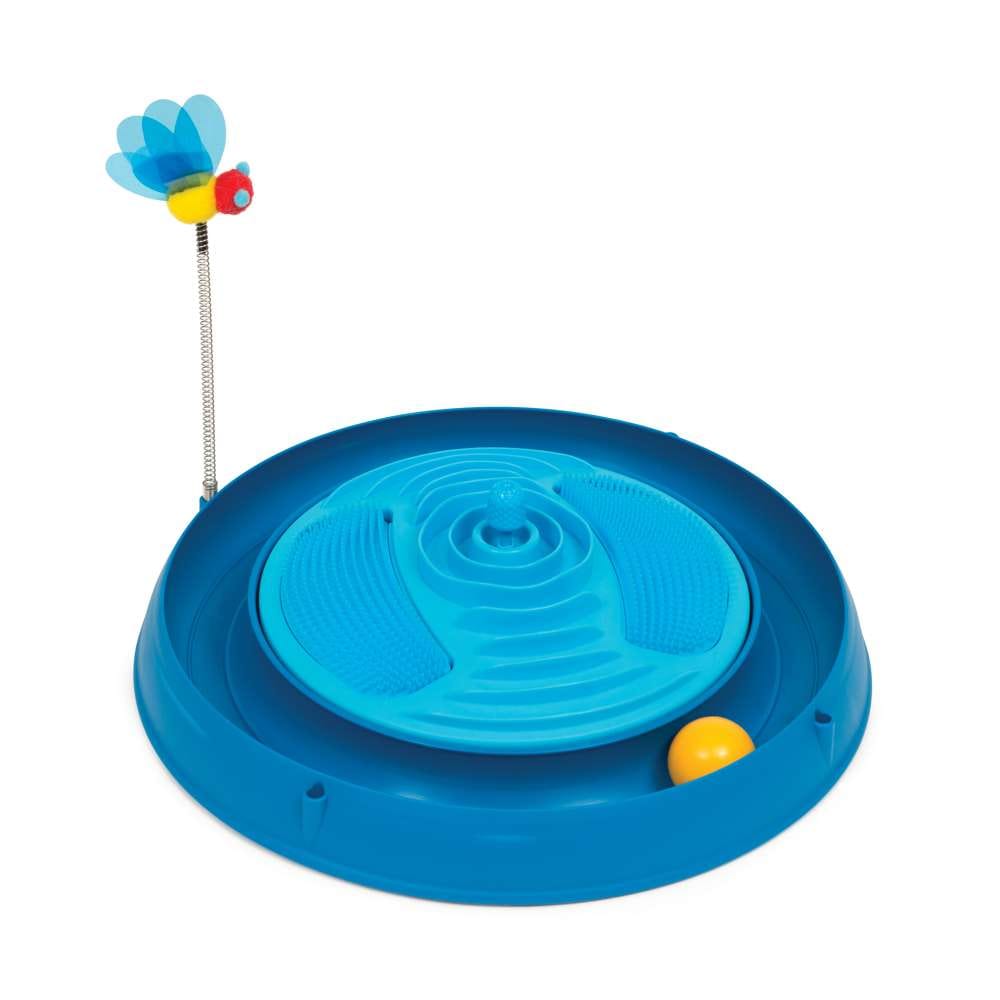 Blaues Katzenspielzeug mit Spielschiene und Katzenminze-Massagestation