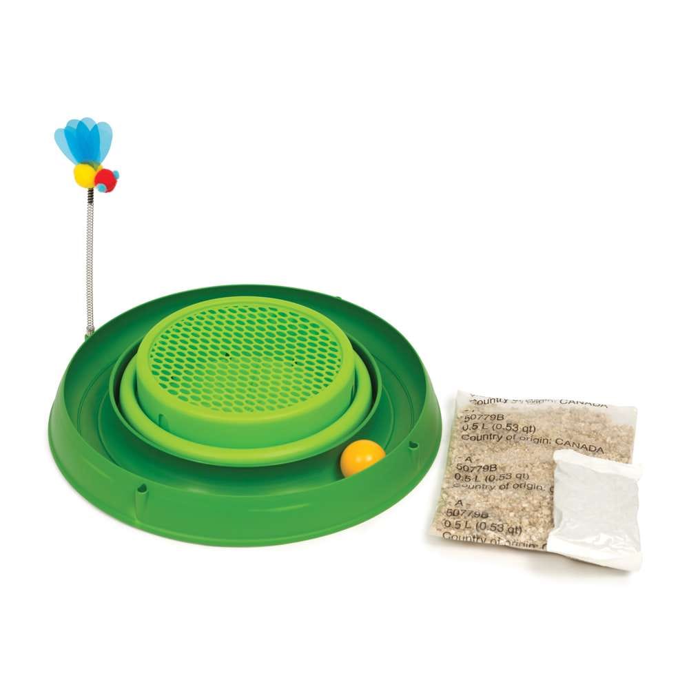 Grünes Katzenspielzeug mit Spielschiene und Samen und Substrat für Katzengras 