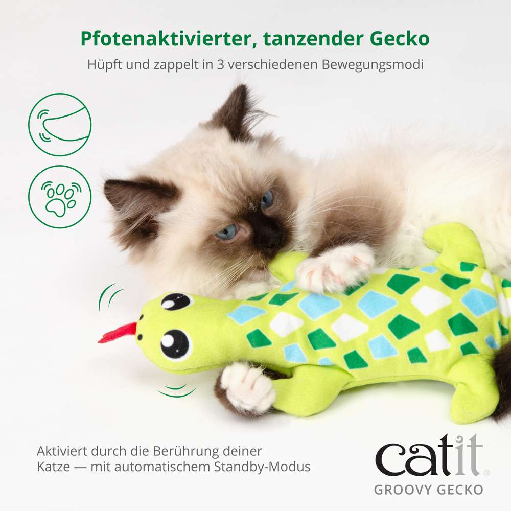 Pfotenaktivierter, tanzender Gecko. Hüpft und zappelt in 3 verschiedenen Bewegungsmodi. Aktiviert durch die Berührung deiner Katze mit automatischem Standby-Modus.